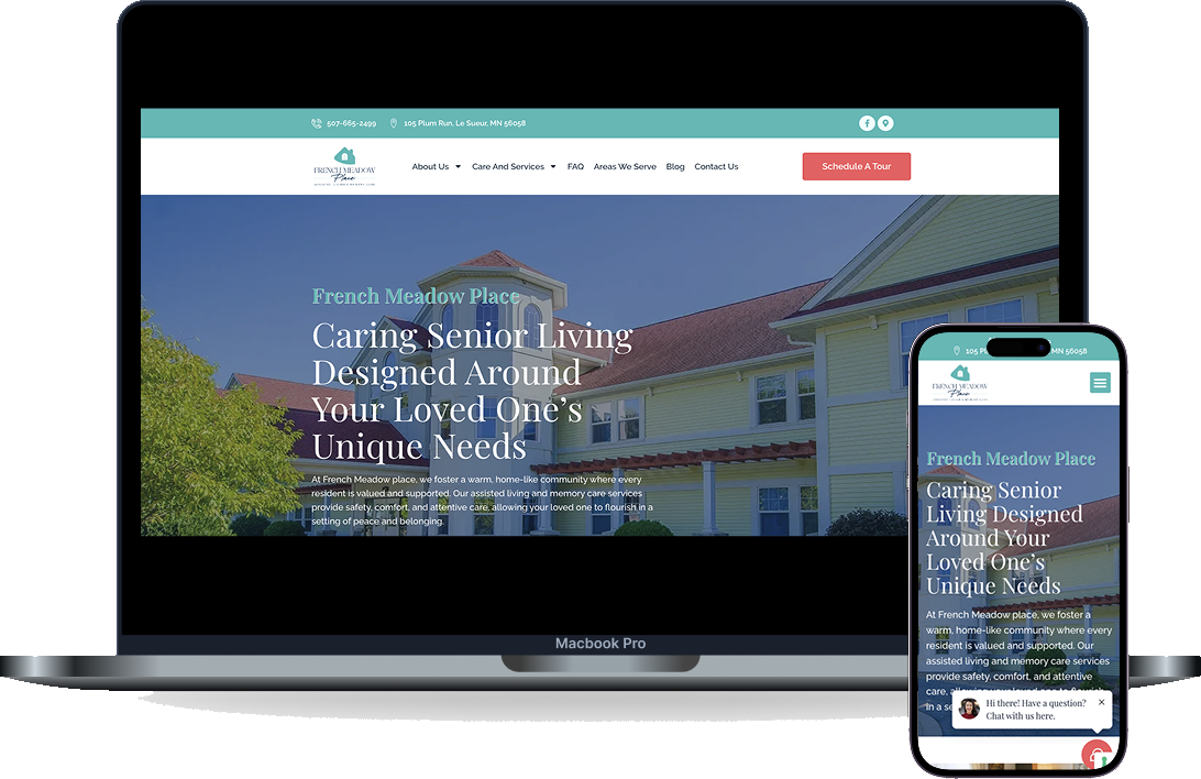 Current French Meadow Place website shown on desktop and mobile